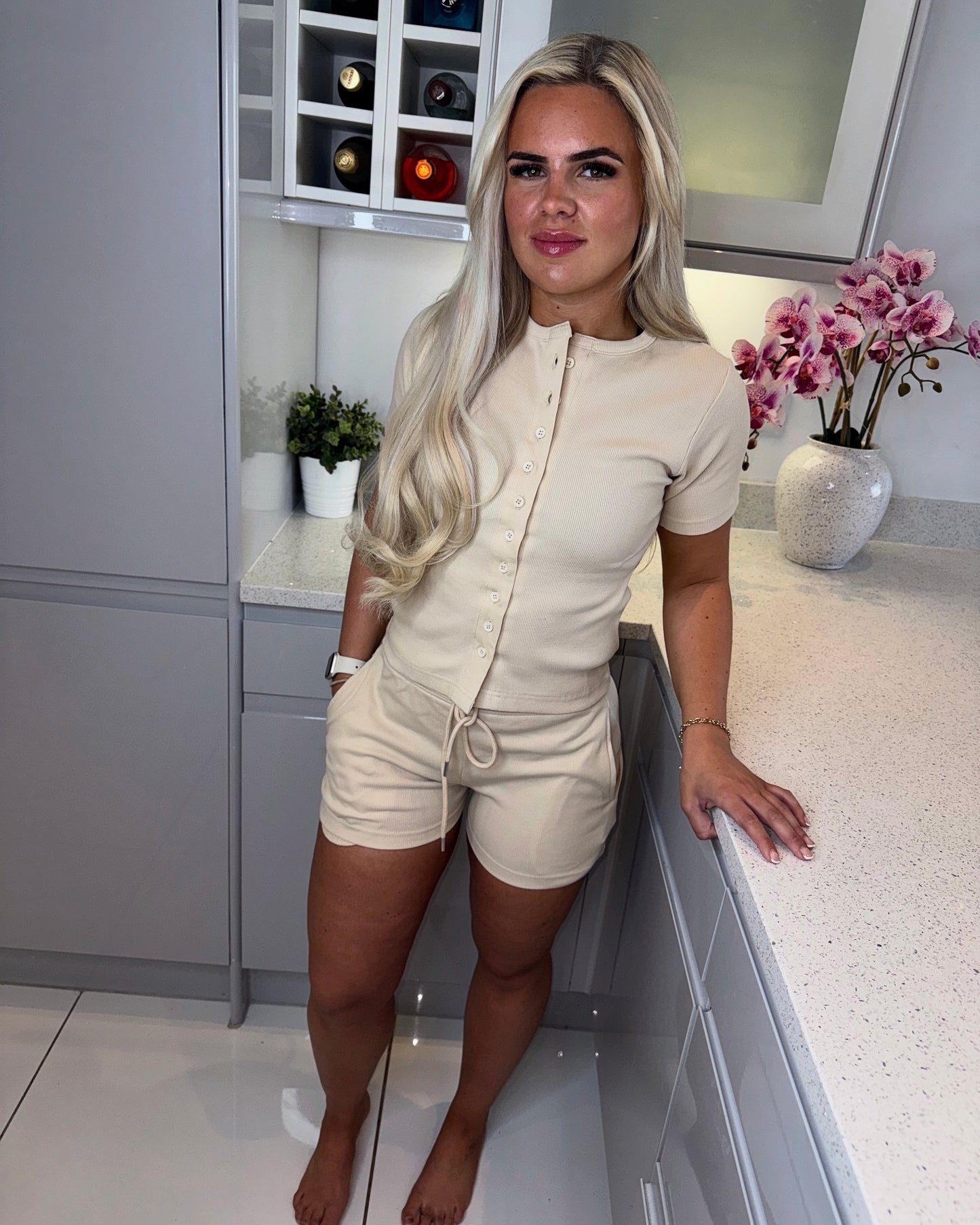 ‘Finn’ Stone Ribbed Co-Ord Short Set