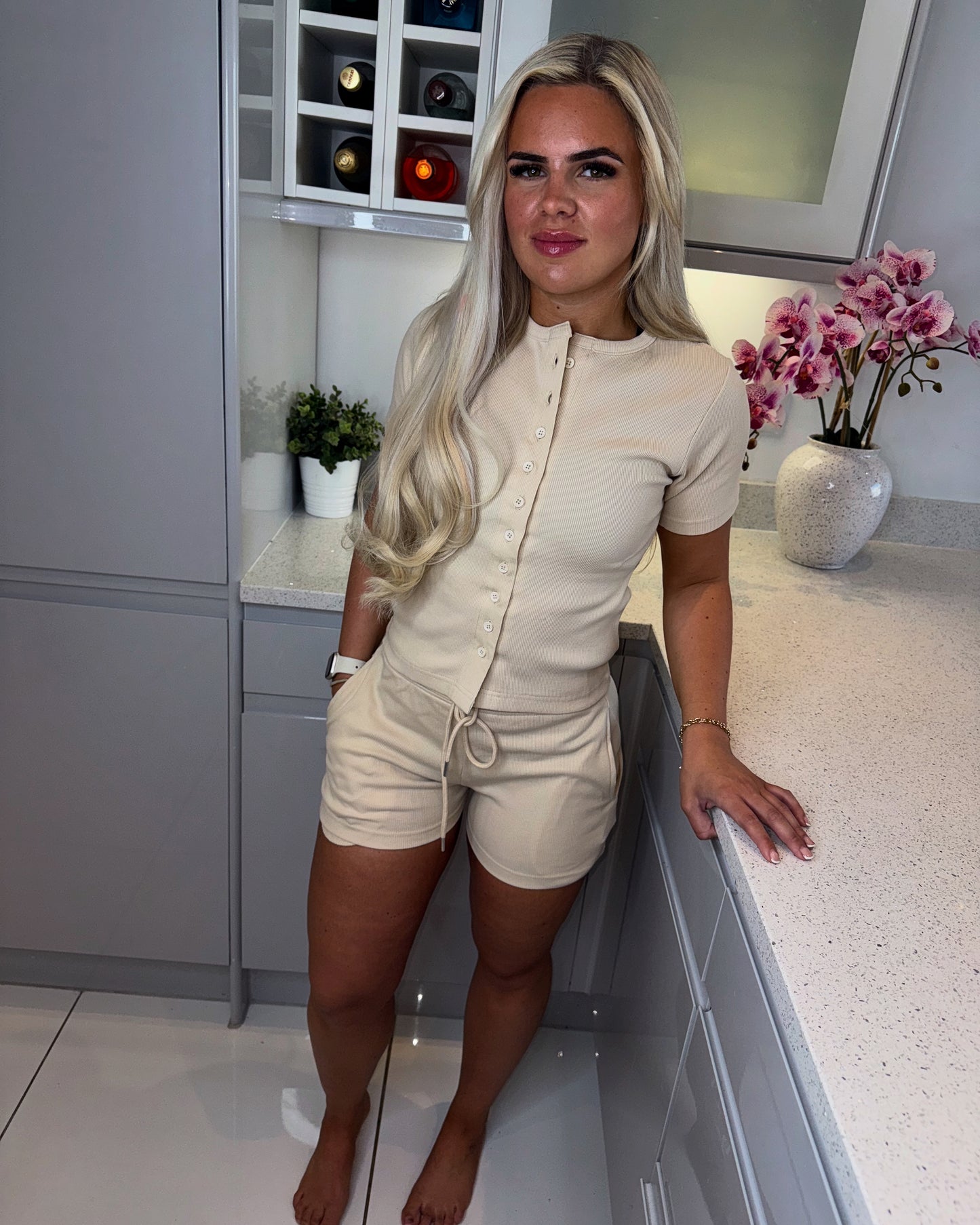 ‘Finn’ Stone Ribbed Co-Ord Short Set
