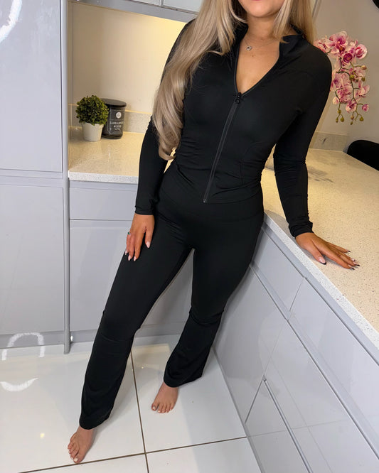 'Bella' Black Zip Top & Flared Trousers Ruched Bum Gym Co-Ord Set