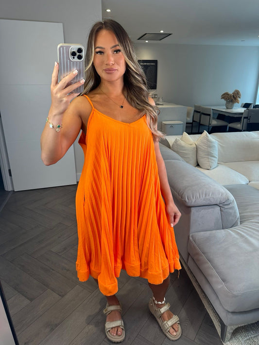 ‘Sophia’ Orange Pleated Summer Dress