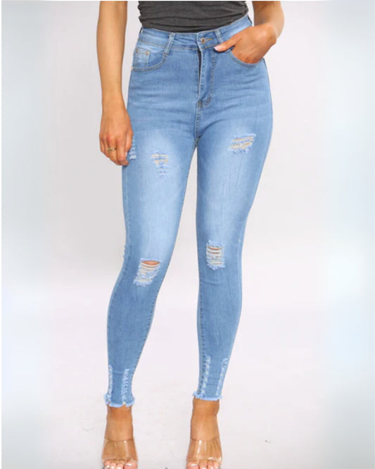 ‘Autumn’ Blue Ripped Knee High Waisted Skinny Jeans (M)