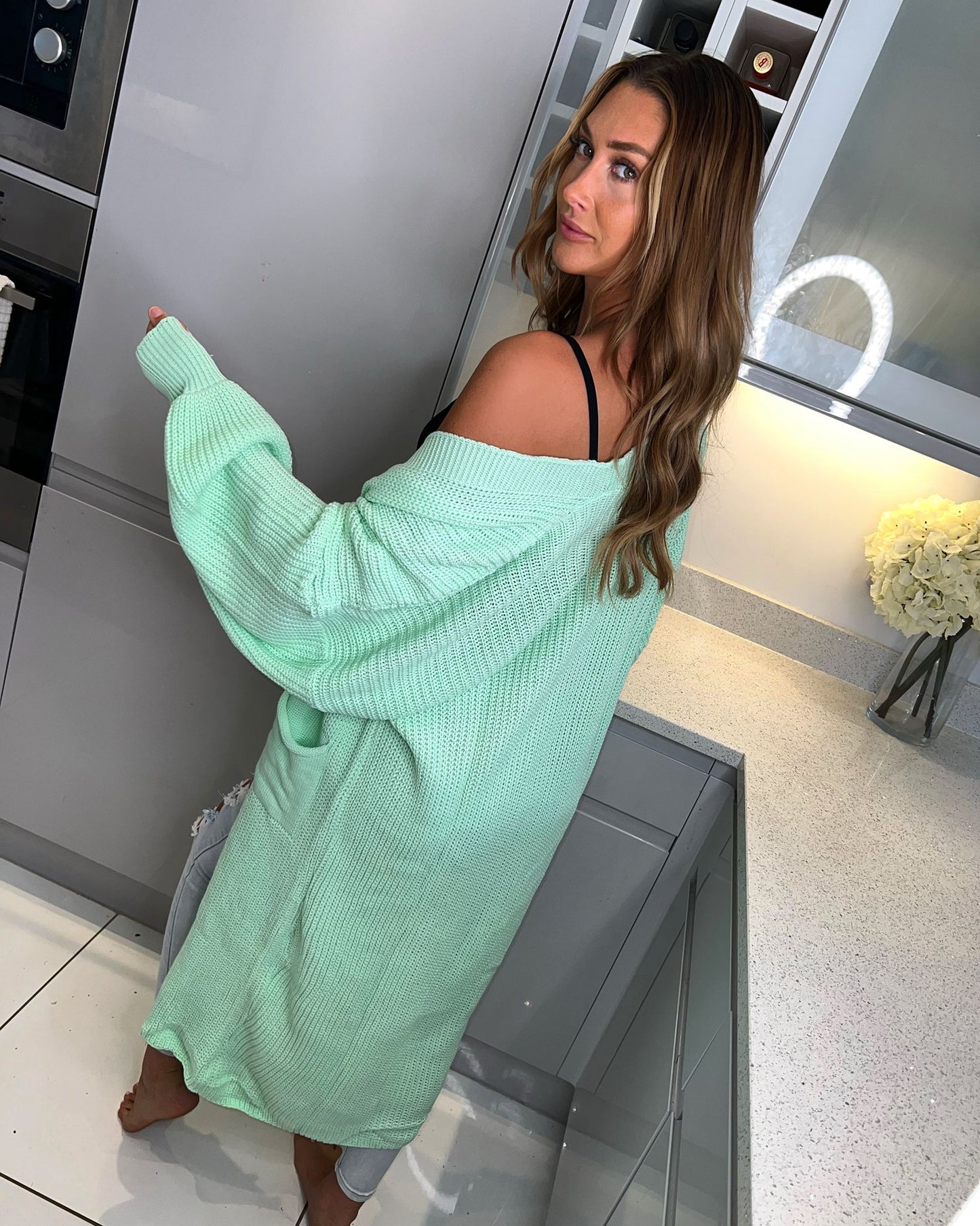 'Riley' Mint* Longline Ballon-Sleeve Knitted Cardigan