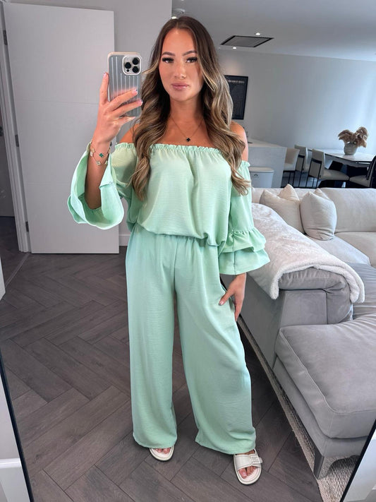 ‘Dahlia’ Mint Bardot Frill Top & Trousers Co-ord Two Piece Set