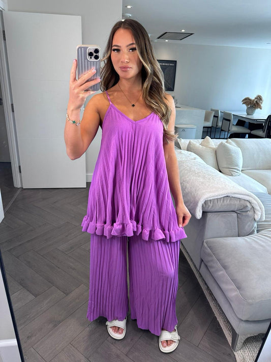 ‘Olivia’ Lilac Pleated Top & Wide Leg Trousers Co-ord Two Piece Set