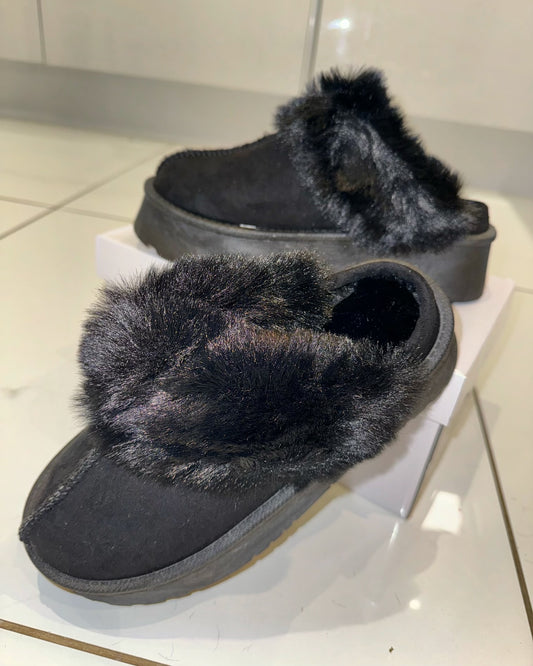 Black LUXE Chunky Platform Faux Fur Slip Ons