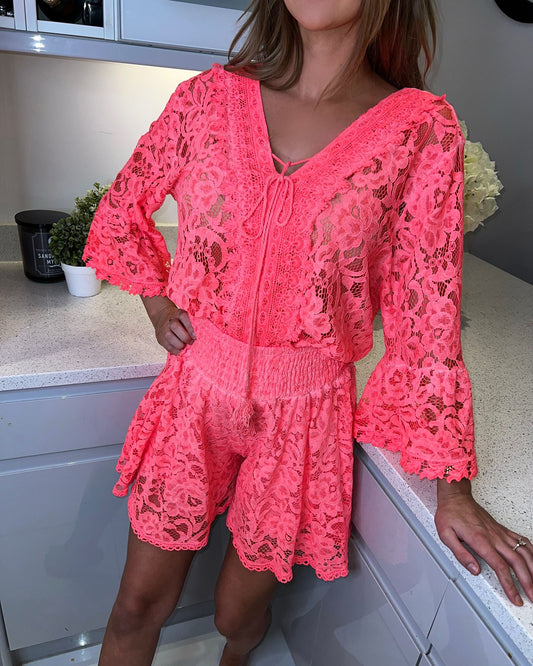 ‘Bella’ Coral Lace Top & Shorts Co-ord Two Piece Set