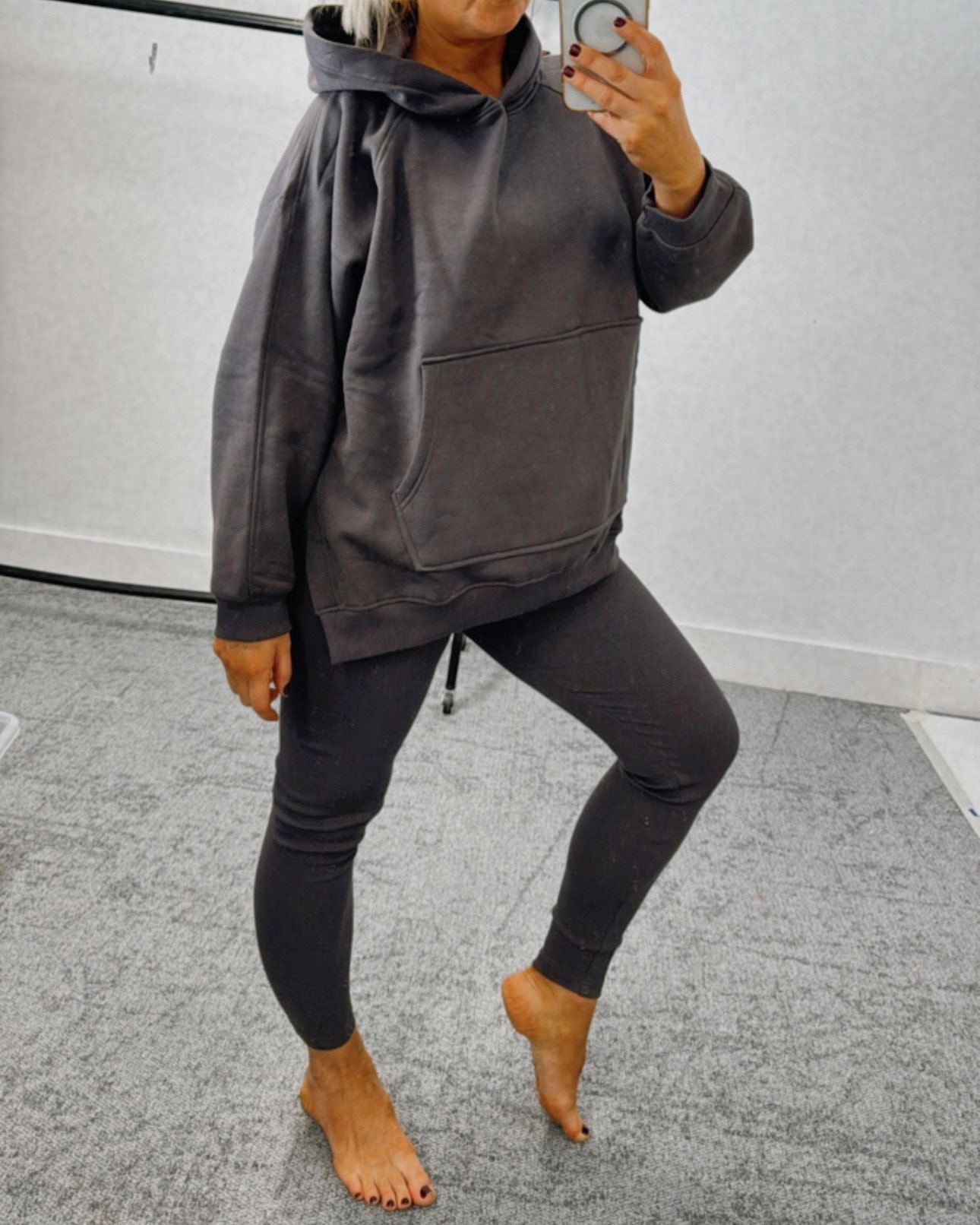 ‘Kayleigh' Charcoal Oversized Split Sides Hoodie & Ribbed Leggings Co-ord