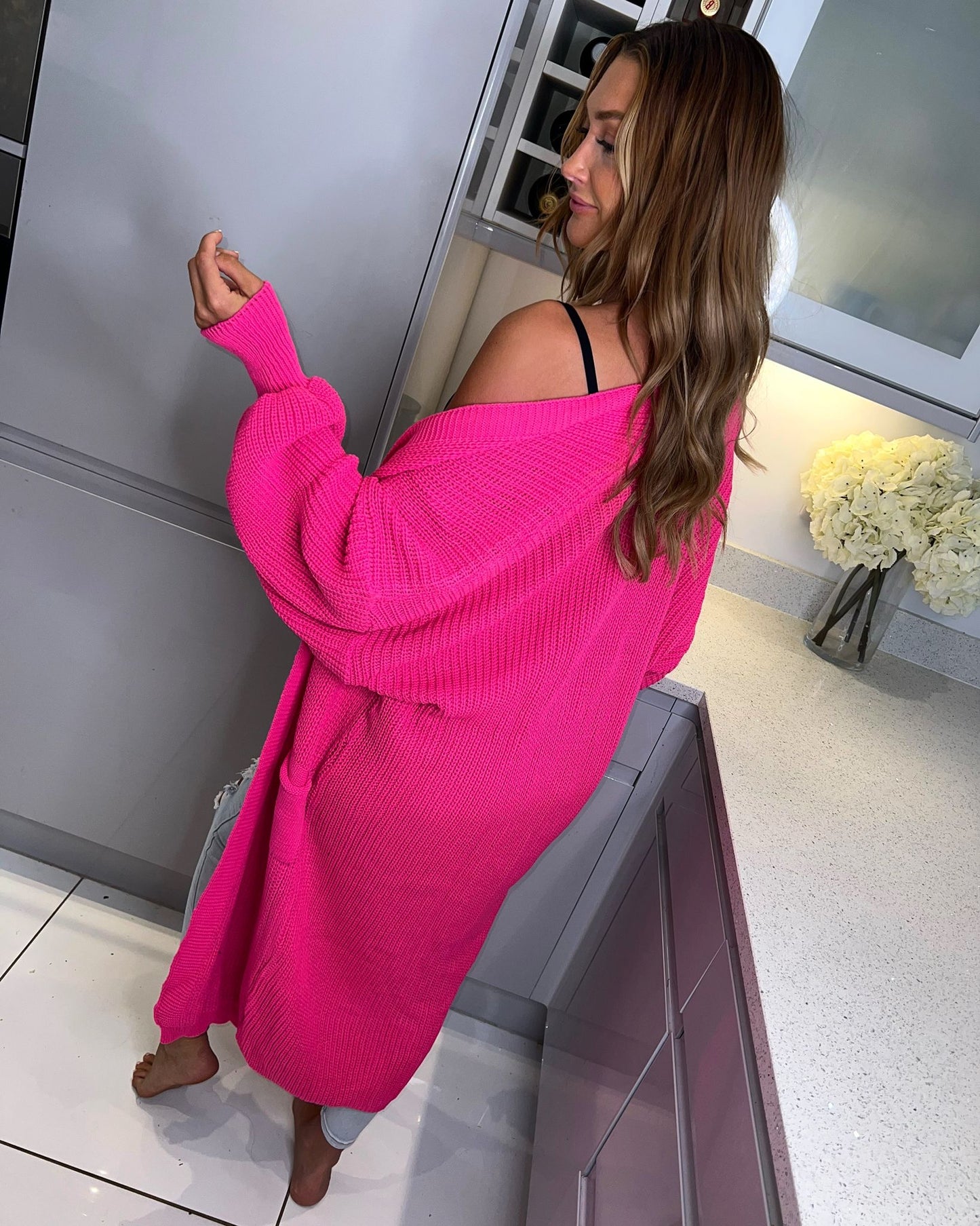 ‘Riley' Fuschia Longline Ballon-Sleeve Knitted Cardigan