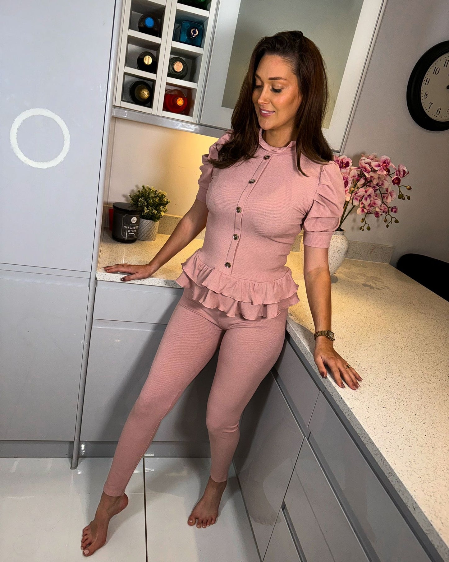 ‘Aria' Dusky Pink Ribbed Ruffle Loungewear Trousers Set