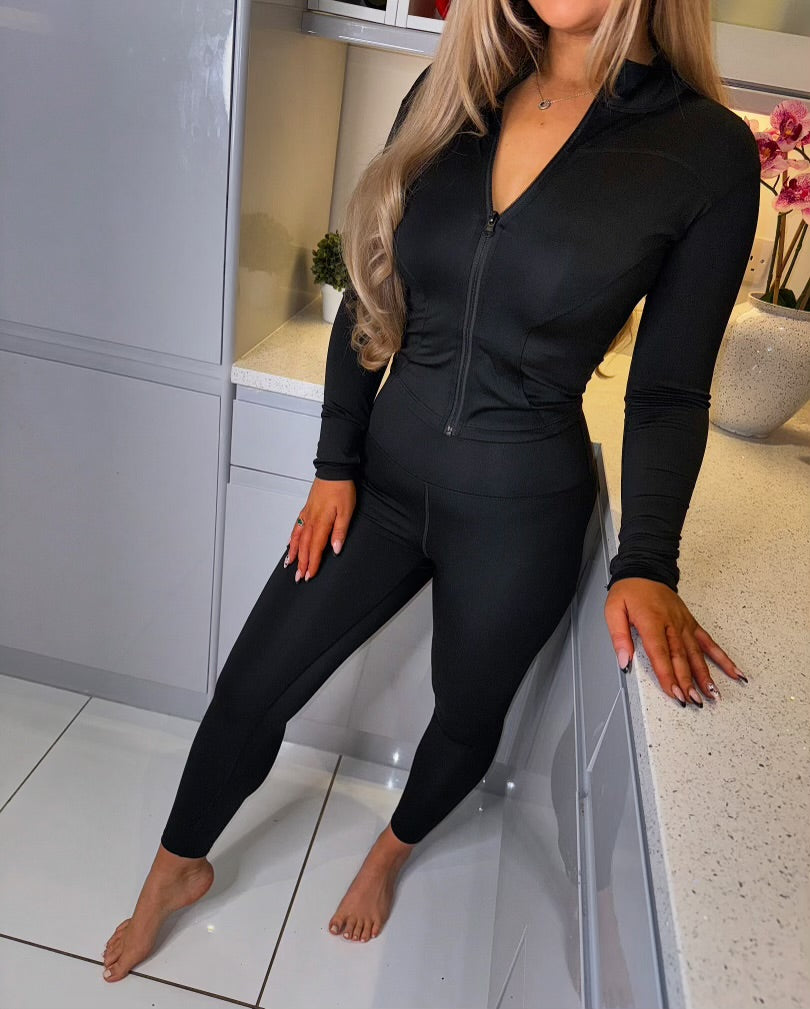 ‘Imogen' Black Zip Front Long Sleeves Top & Leggings Gym co-Set