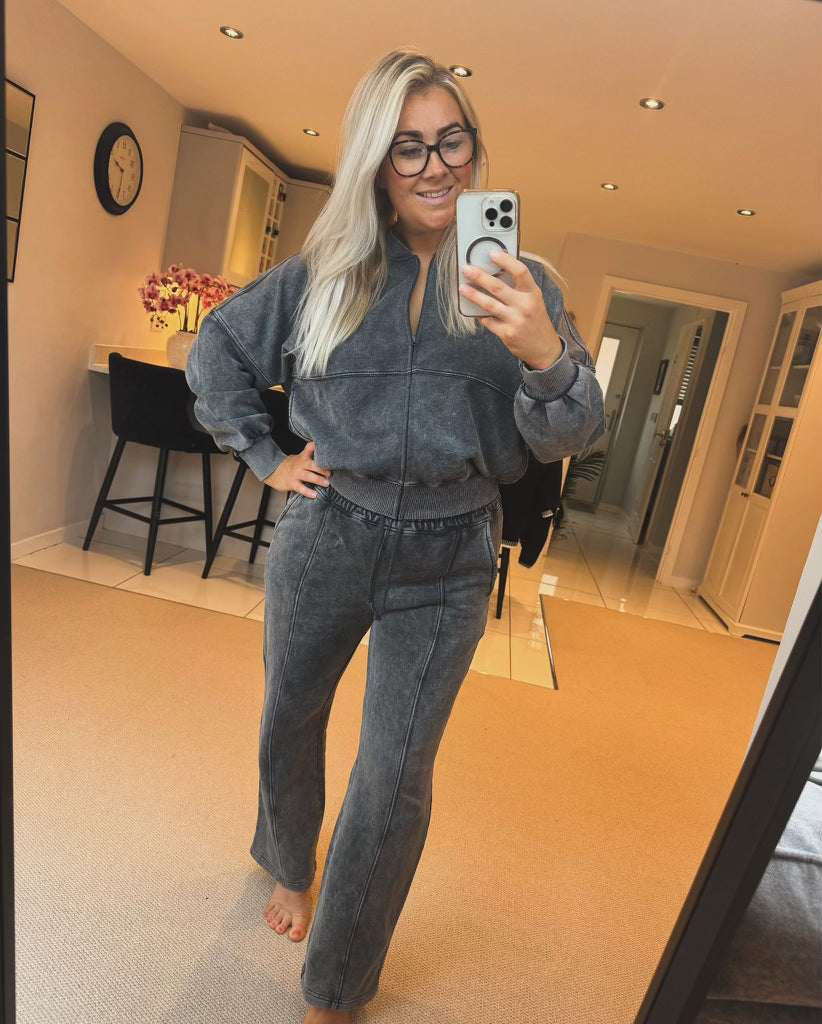 ‘Cece' Acid Wash Grey Oversized Bomber Style Loungesuit