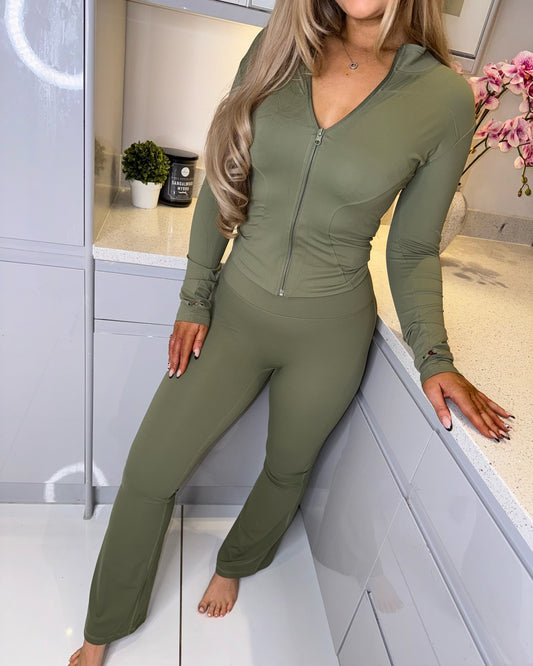 'Bella' Khaki Zip Top & Flared Trousers Ruched Bum Gym Co-Ord Set