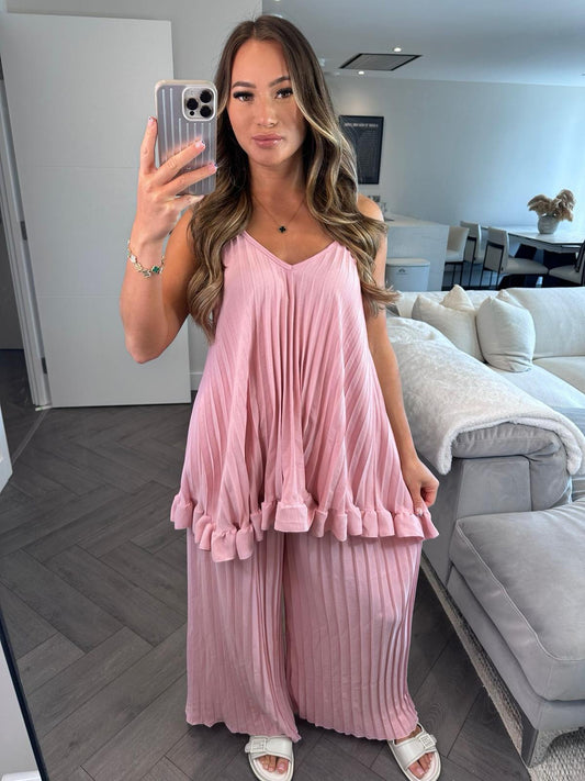 ‘Olivia’ Candy Pink Pleated Top & Wide Leg Trousers Co-ord Two Piece Set