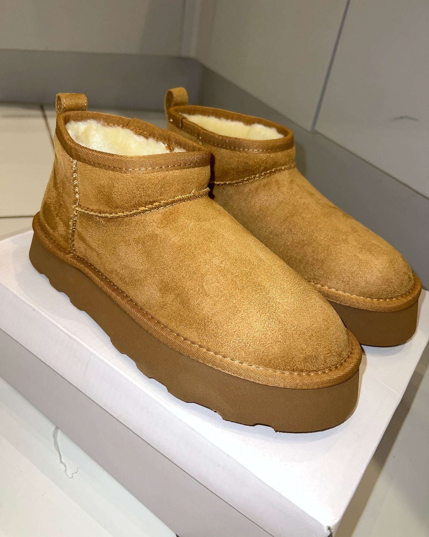 Tan Mini Platform Low Ankle Boots