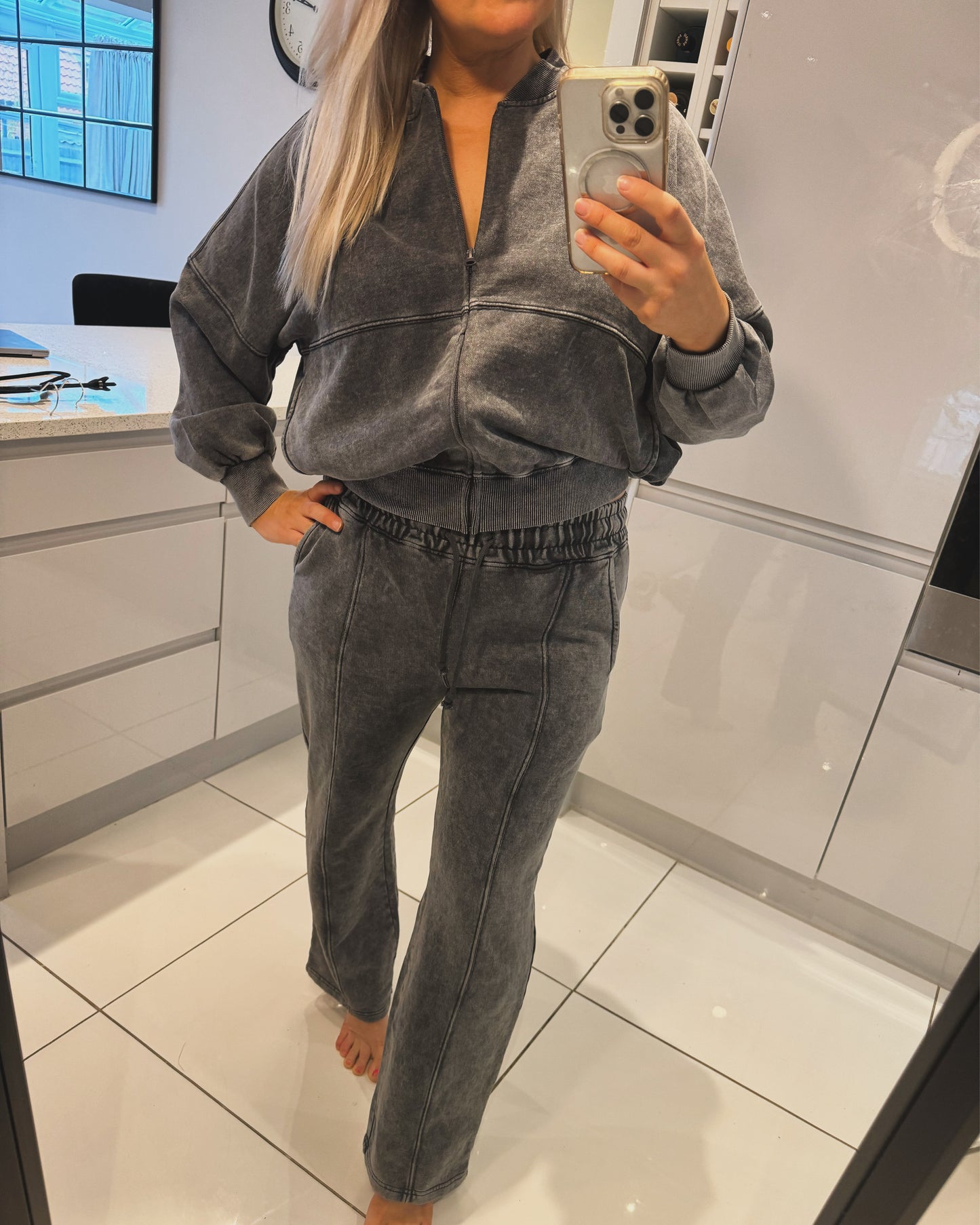 ‘Cece' Acid Wash Grey Oversized Bomber Style Loungesuit