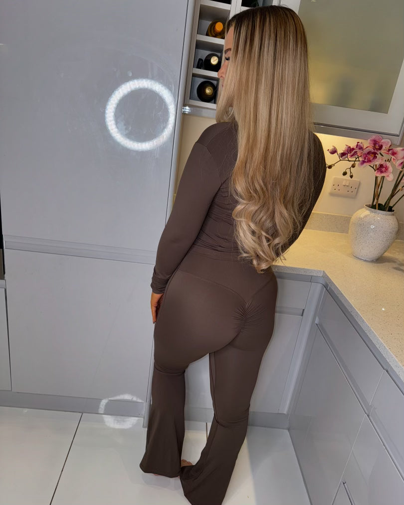 'Bella' Chocolate Brown Zip Top & Flared Trousers Ruched Bum Gym Co-Ord Set (Copy)