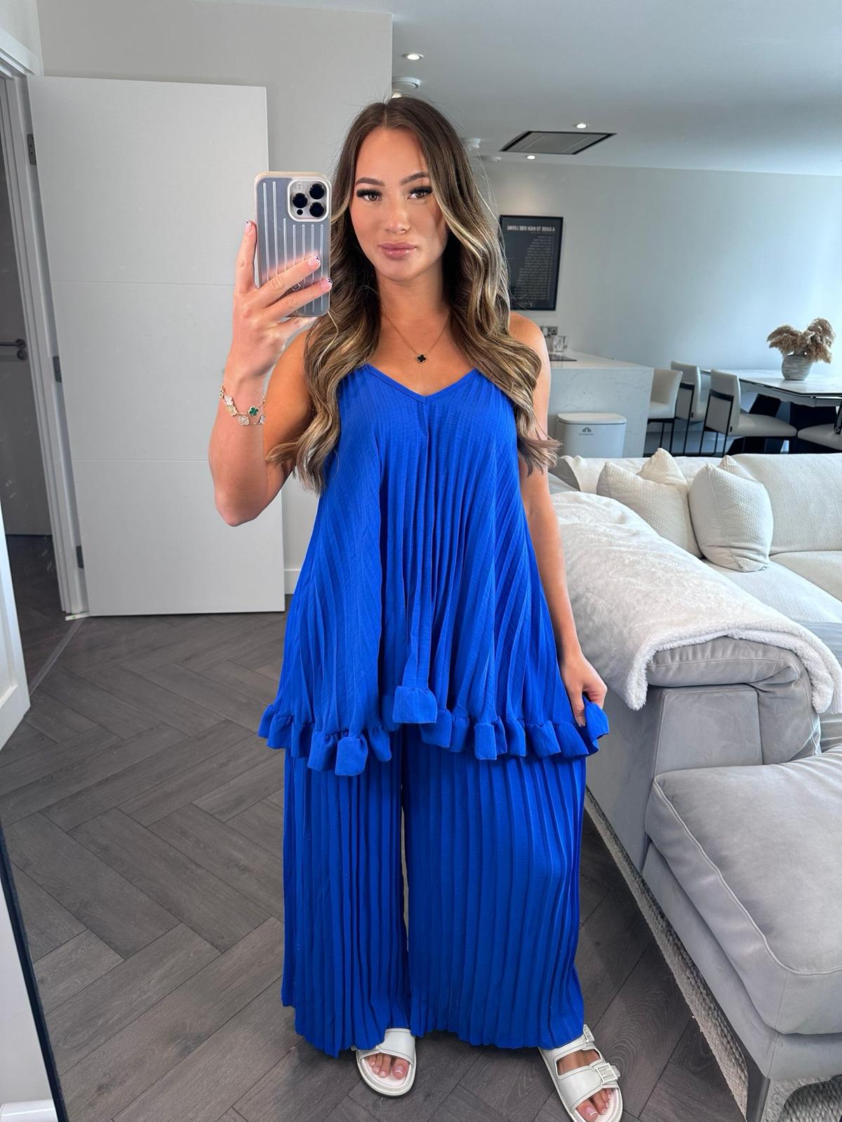 ‘Olivia’ Royal Blue Pleated Top & Wide Leg Trousers Co-ord Two Piece Set