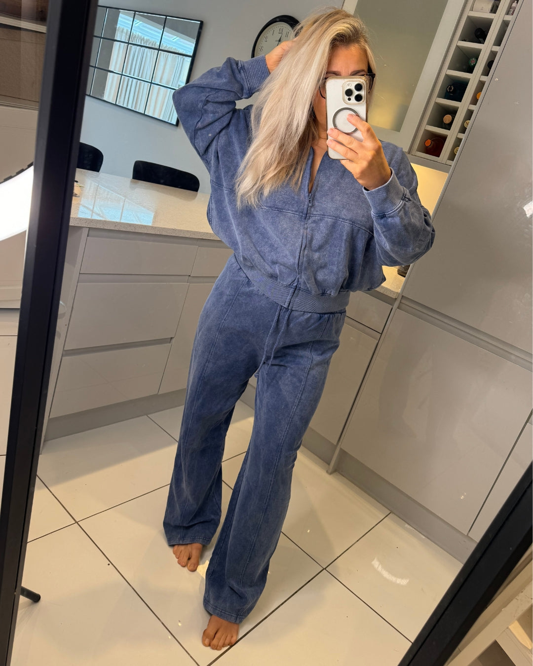 ‘Cece' Blue Denim Acid Wash Oversized Bomber Style Loungesuit