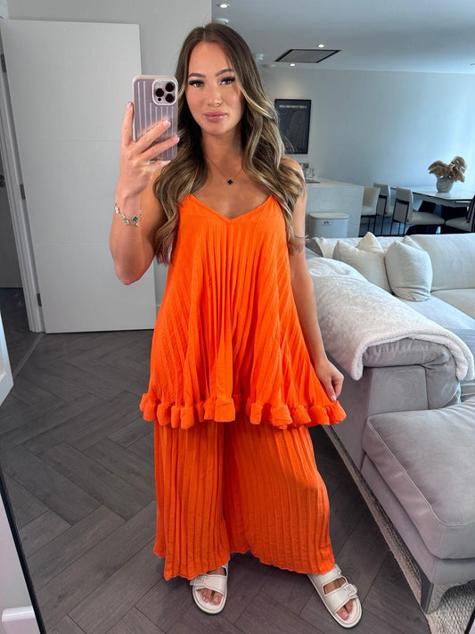 ‘Olivia’ Orange Pleated Top & Wide Leg Trousers Co-ord Two Piece Set