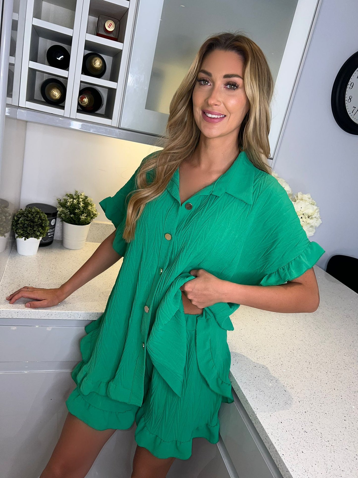 ‘Amy’ Green Pleated Shirt Dress & Shorts Co-ord Two Piece Set