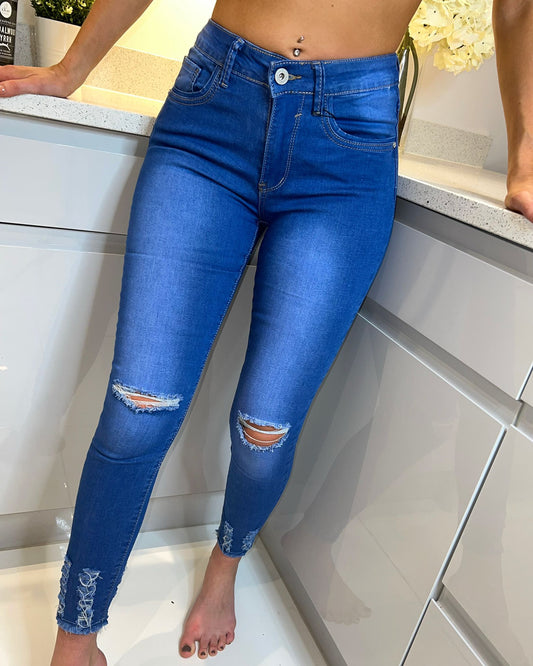 ‘Grace’ Blue Distressed High Waisted Skinny Jeans