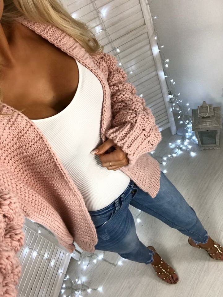 ‘Kallie’ Pink Chunky Knit Bubble-Sleeve Cardigan.