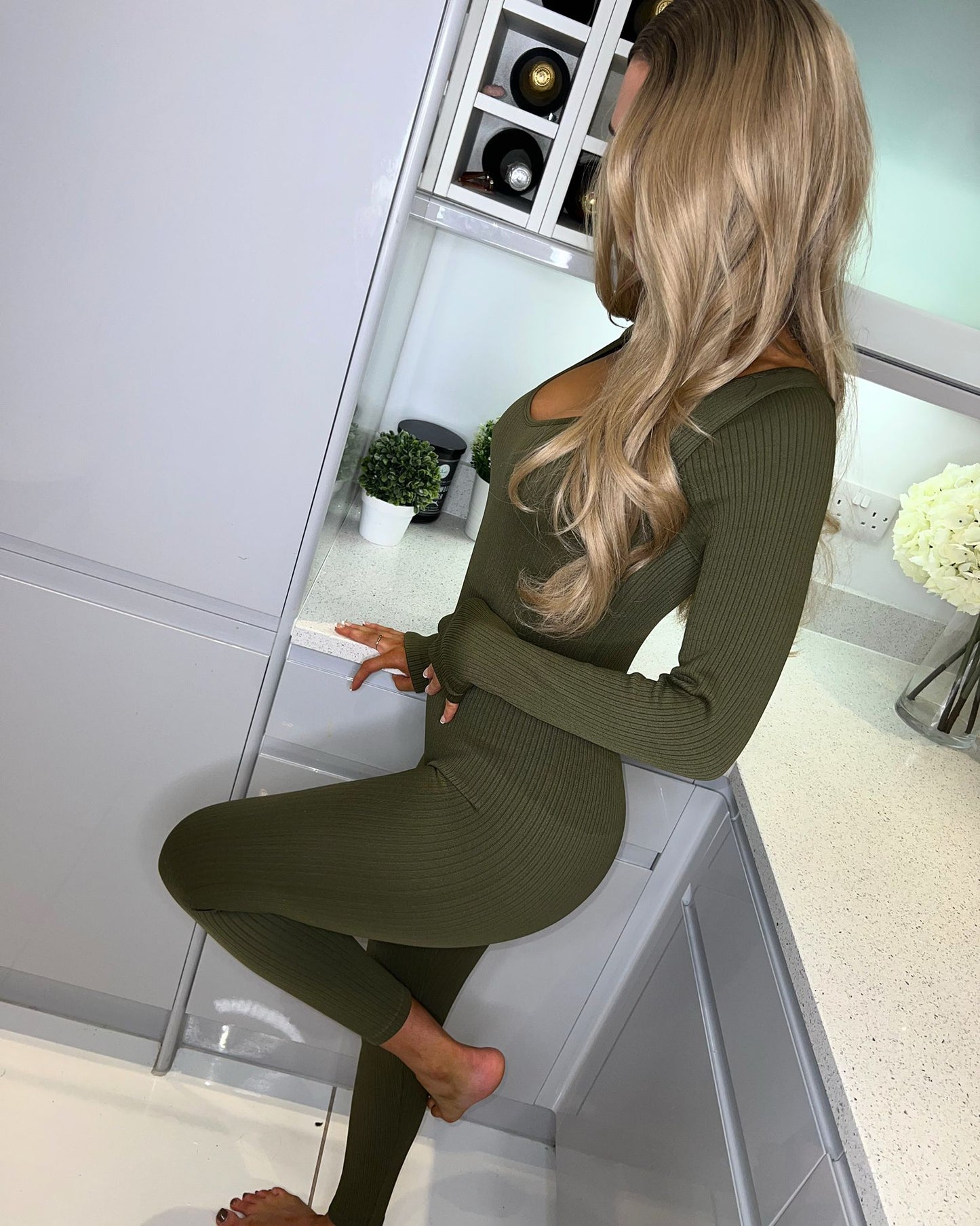 ‘Elle’ Khaki Ribbed Long Sleeve Unitard