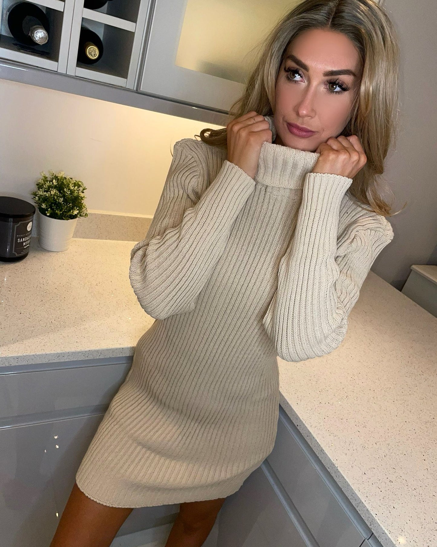 ‘Alyssa’ Stone Ribbed Knitted Roll Neck Bodycon Dress