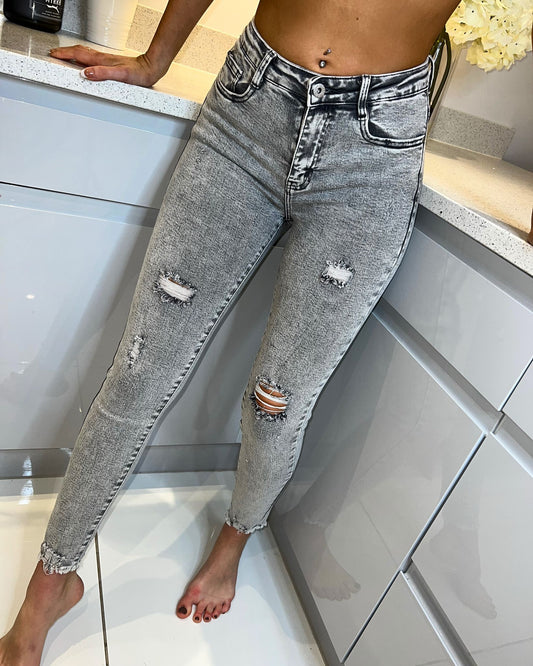 ‘Carly’ Grey Distressed High Waisted Skinny Jeans (J7319)